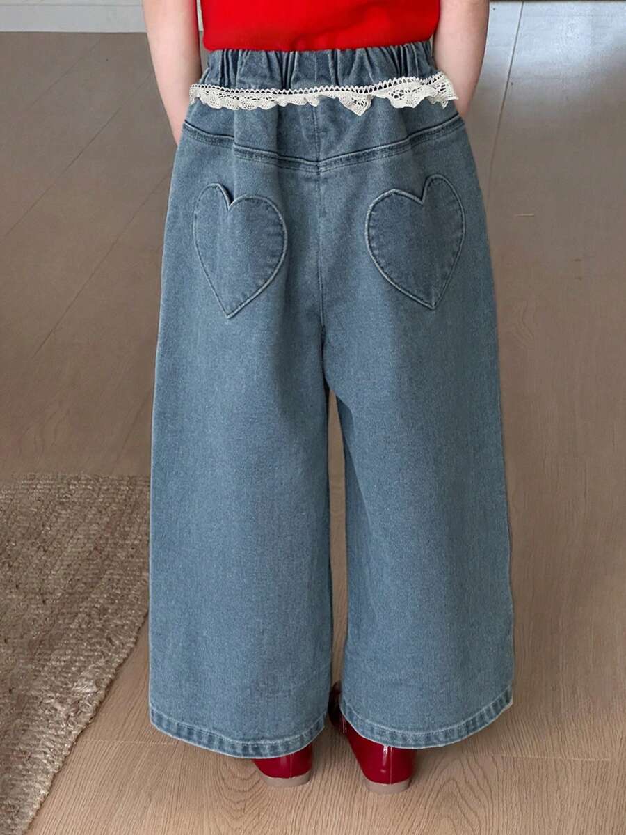 DAZY 少女弹力腰心形贴片蕾丝拼接休闲百搭日常阔腿牛仔裤 - 藍色 - 查看 1