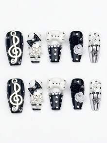 ROMWE Anime 10 Music Notes, Fake Nail Pads And A Piece Of Double-Sided Tape - Black and White - View 1