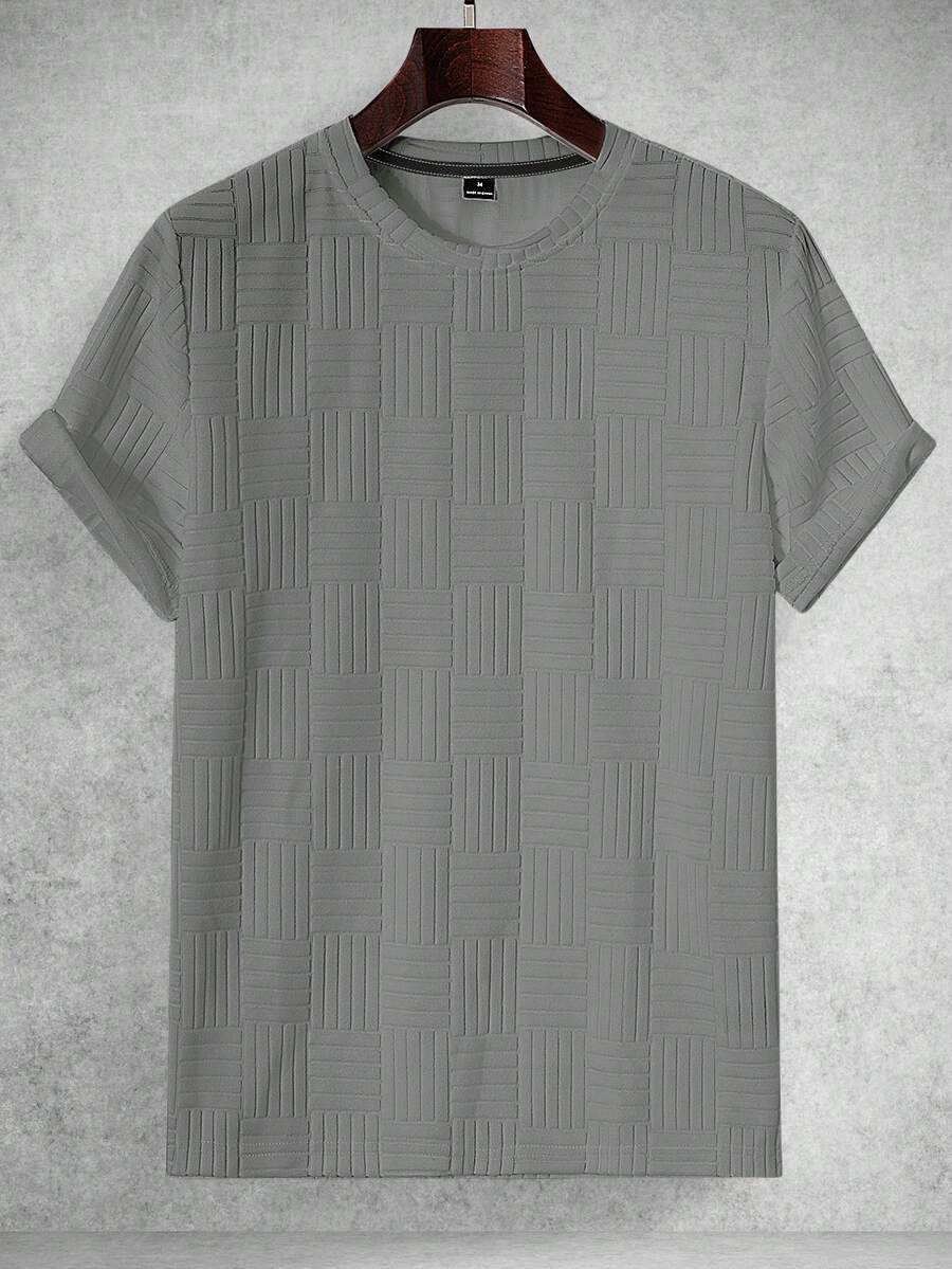 Manfinity Homme Men's Casual Plaid Round Neck Daily Wear Short Sleeve T-Shirt - Grey - View 1