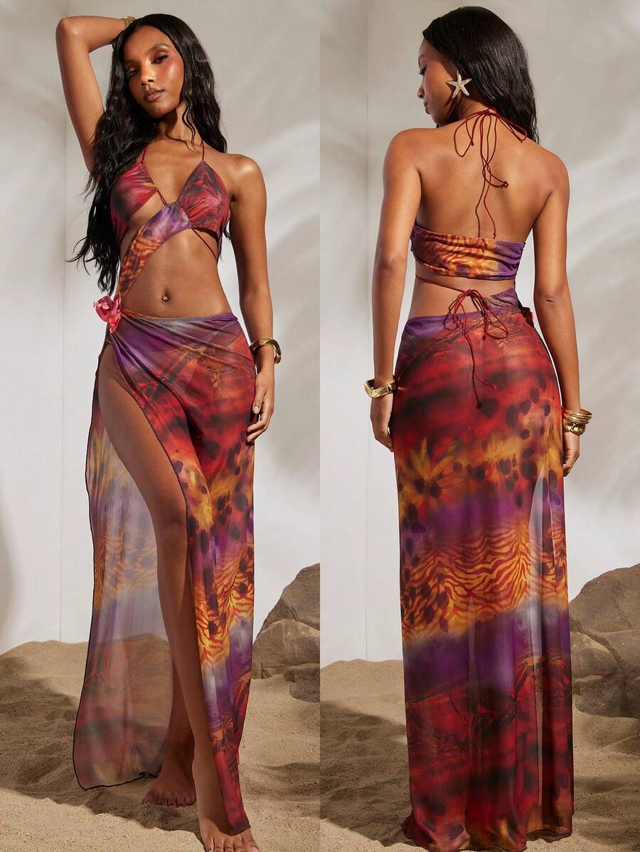 Opulessa Spring & Summer Vacation Beach Sexy Knitted Mesh Printed Slit Dress For Women - Multicolor - View 1