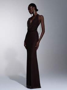 Elitara Elegant Sexy Backless Sequins Embroidered Plunging Neckline Mermaid Hem Dress, Suitable For Festivals, Weddings, Galas, Concerts, Business Events, And Social Media Influencer Activities - Coffee Brown - View 4