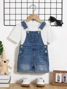 Bộ quần yếm denim dáng rộng dễ thương cho bé trai, có túi vá, thích hợp cho trang phục mùa xuân/hè, áo liền quần denim cho bé. - Rửa nhẹ - Xem 1