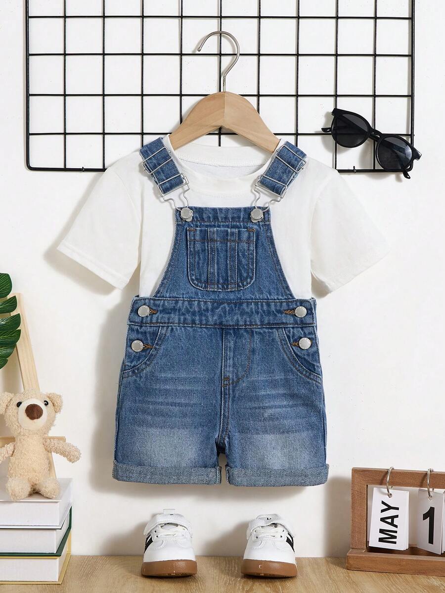 Bộ quần yếm denim dáng rộng dễ thương cho bé trai, có túi vá, thích hợp cho trang phục mùa xuân/hè, áo liền quần denim cho bé. - Rửa nhẹ - Xem 1