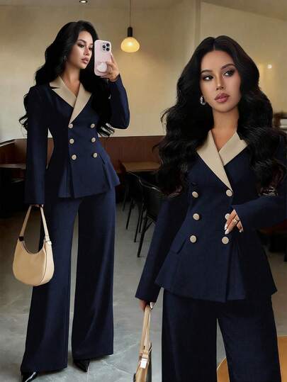 Elenzga بدلة نسائية أنيقة طويلة الأكمام بتباين لون الخصر على شكل حرف A، مناسبة للارتداء اليومي والذهاب إلى العمل وأوقات متعددة، للربيع/الخريف