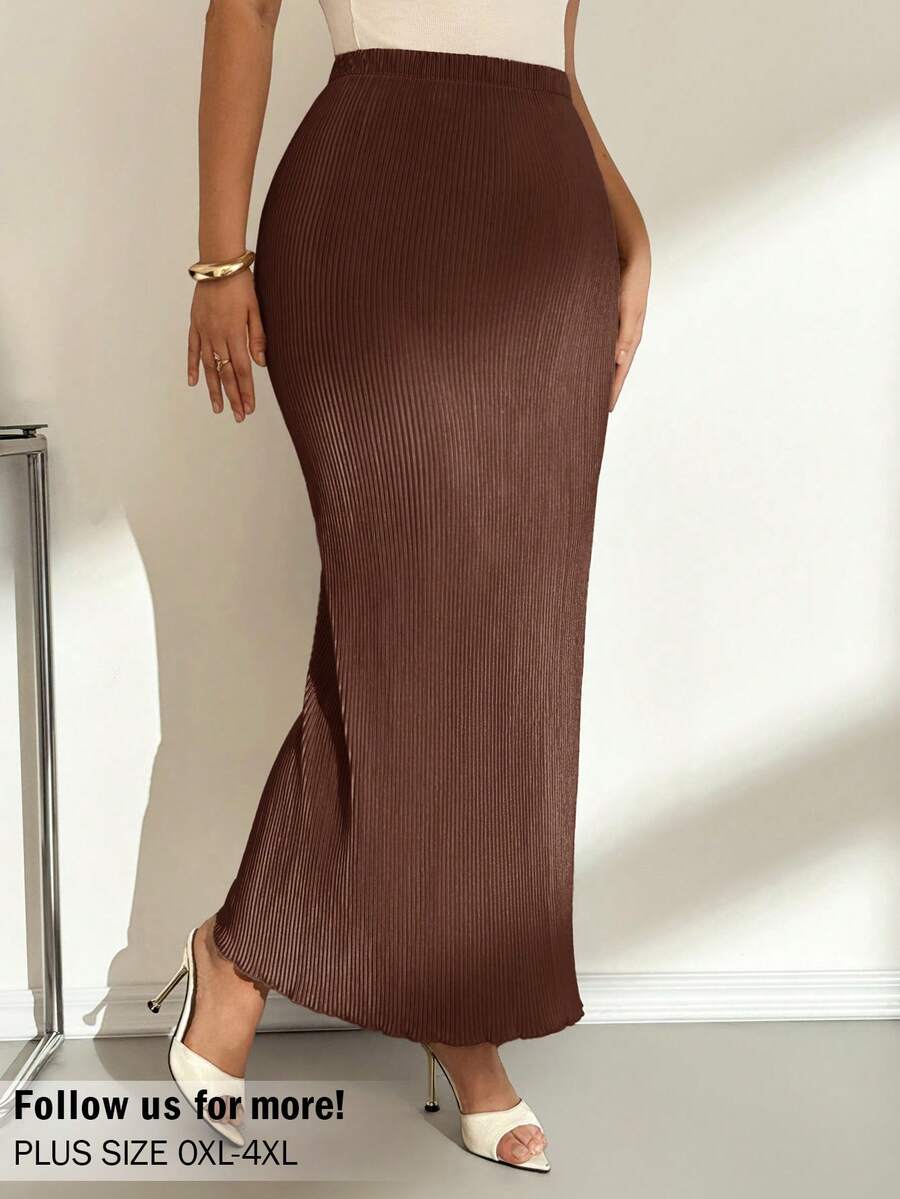 Auralis Plus Size Ladies Chocolate Brown Autumn Elegant Everyday Casual Slim Pleated Khaki Elastic Waist Long Skirt,Women Bottom,Vacation,Rave,Brunch,Airport - Brown - View 1