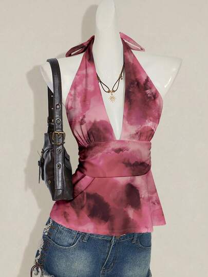 SHEIN ICON Halter Deep V-Neck Cinched Waist A-Line Backless Vintage Style Tank Top