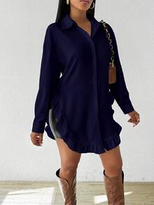 Chiquease Camisa de manga larga con volantes y bajo curvo de unicolor simple para uso diario y casual de mujer, primavera/otoño - Azul Marino - Ver 4