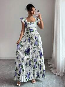 Selianne 女士印花方领褶裥优雅连衣裙 - 紫色 - 查看 3