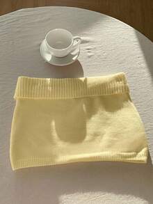 Comfortcana 女士纯色针织罗纹休闲百搭毛衣裙，韩版秋冬款 - 鵝黃色 - 查看 2