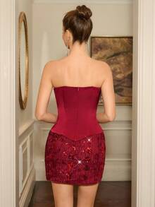 Poshira 奢华闪亮正式礼服，高端优雅派对礼服 - 酒紅色 - 查看 2