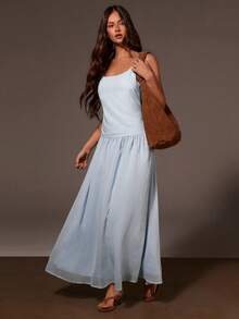 Athîral 女士纯色褶皱优雅连衣裙 - 藍色 - 查看 2