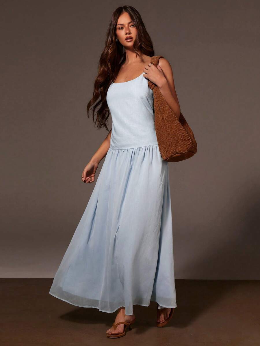 Athîral Women's Solid Color Pleated Elegant Dress - Blue - View 1