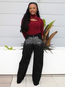 Steph T Y2K 时尚休闲街头水钻洗水阔腿牛仔裤 - 黑色 - 查看 4