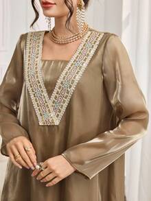Al Najma Women's Retro Elegant V-Neck Sequin Embroidered Silky Flowy Loose Everyday Abaya Dress - Brown - View 6