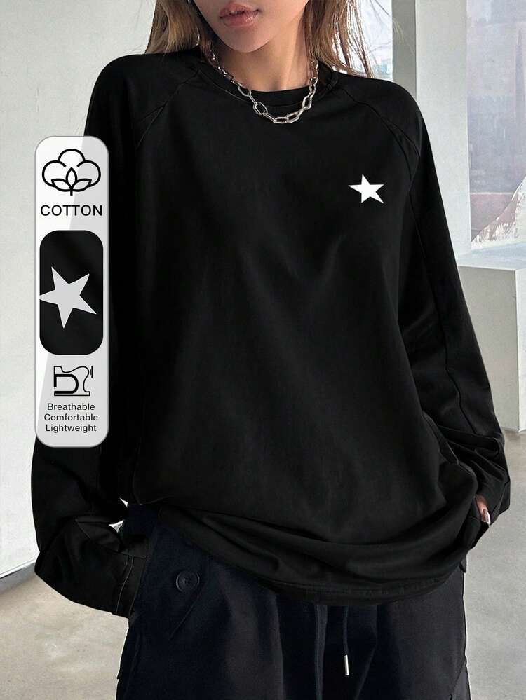 Spring Star Print Casual Loose Raglan Sleeve T-Shirt Y2k,Fall Clothes Long Sleeve Women Tops