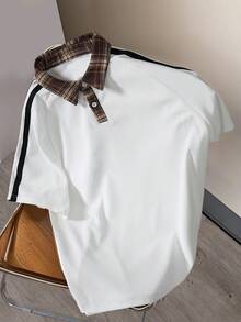 Manfinity Hypemode Men's Casual Sports Polo Shirt,White And Brown Plaid Design Contrast Striped Side Panel,Summer,Back-To-School,Graduation,Streetwear,Vintage,Party - Apricot - View 1