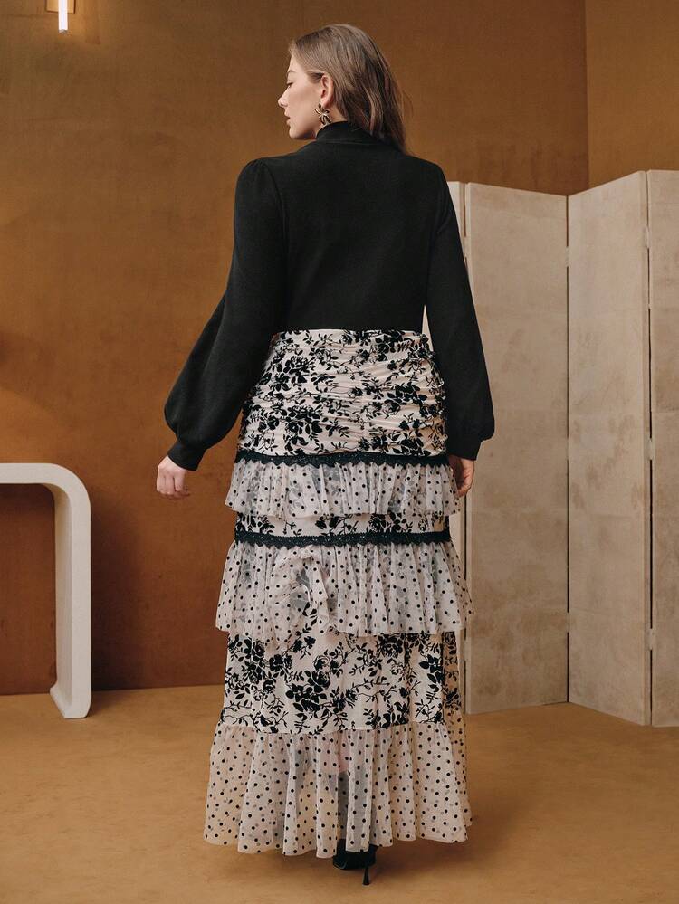 Women's New Mesh Layered Dress, Elegant Long Black And Apricot Color Dress