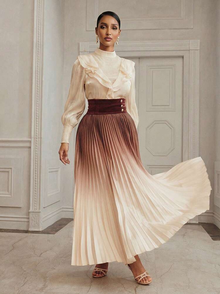 Anewsta Vintage Elegant High Collar Lantern Sleeve Shirt & Gradient Color Print Pleated A-Line Skirt 2-Piece Set For Women, Autumn/Winter