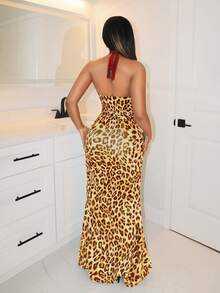 BamGleam 秋冬季豹纹图案撞色金属扣露背女装 - 黃色 - 查看 2