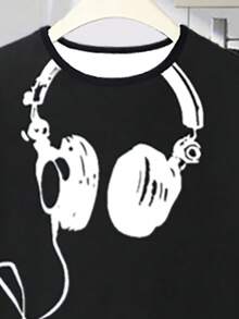 Tween Boys Headphone Print Knit Crew Neck Top And Plaid Pattern Pants 2Pcs Short Sleeve Casual Loungewear Set - Dusty Blue - View 4