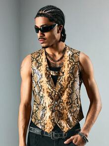 ROMWE MEN Street Life Men's Snake Skin Pattern Shiny Buckle Design Loose Fit Tank Top - Pale Yellow - View 3
