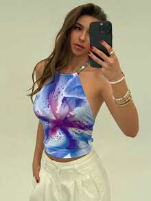 Aloruh Women's Fashion Print Fitted Halter Beaded Cropped Tank Top, Summer Backless - Blue - View 6