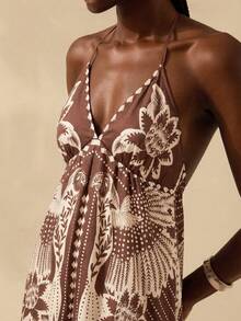 CAJUNI 女士度假热带波西米亚印花吊带系带休闲沙滩夏季长裙 - 棕色 - 查看 5