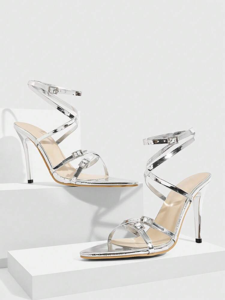 CUCCOO SZL Women Shoes Fashion Women Pointed Stiletto Silver Thin Strip With Diamond Buckle Straps Women High Heel Sandals Sexy Party Banquet Nightclub Women Sandals