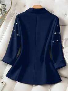 Elenzga 大码女士优雅翻领七分袖假口袋串珠花卉设计休闲修身西装外套，冬季 - 藏蓝色 - 查看 2