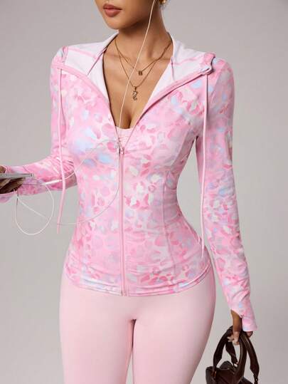 SHEIN Dewbera Women's Fitted Tie-Dye Tie Dye Wavy Print Yoga Sports Jacket Pink Zip Up Pink Workout Jacket