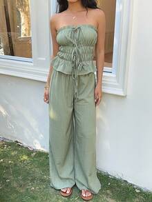 SHEIN EZwear Summer Outfits  2pcs Green Knit Casual Women Pleated Bandeau Top And Pants Set - Green - View 5