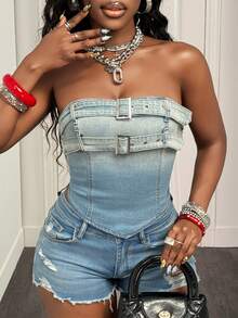 Slaydiva 女士时尚街头风水洗牛仔抹胸上衣，夏季必备 - 淺色水洗藍 - 查看 1