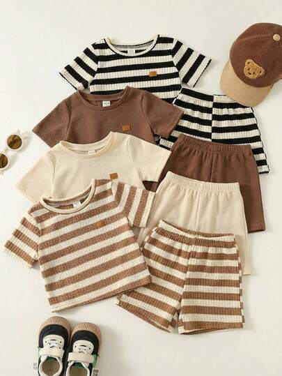 SHEIN 8pcs/Set Unisex Baby Boy/Girl Solid Color & Striped Waffle Knit Short Sleeve T-Shirt And Shorts Set, Spring/Summer Baby Clothes Outfits
