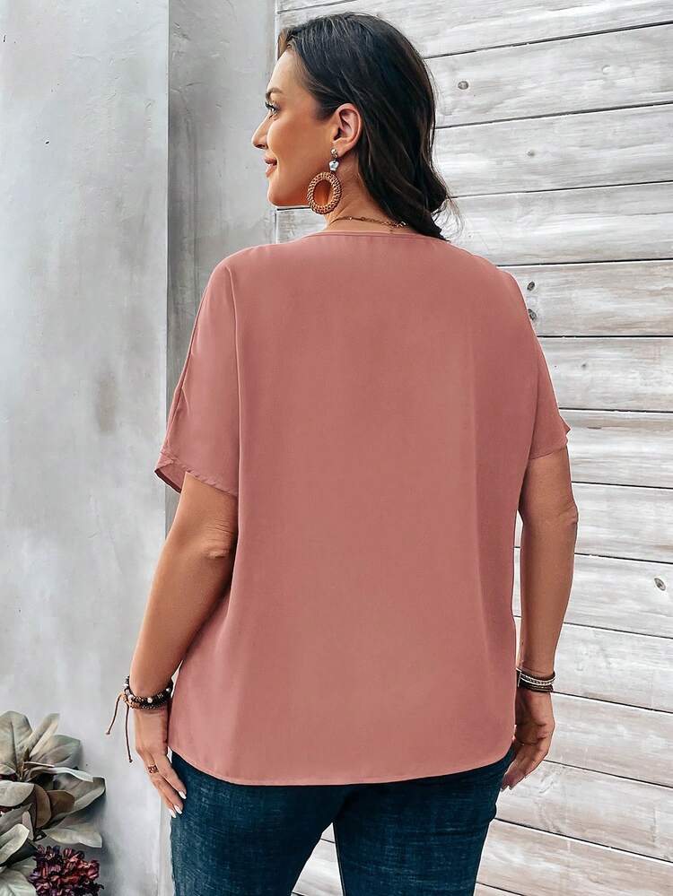 Plus Size Women's Orange Button Embellished Short Sleeve Shirt For Spring, Summer Tops