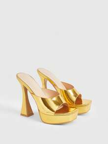 CUCCOO LuxiPop Women's Summer New Buckle Design Square Toe Wine Glass And High-Heeled Sandals Sexy And Elegant Temperament Fashionable Women's High-Heeled Open-Toed Sandals Dress Dating Party Dinner Sexy Nightclub Style, Suitable For Spring And Summer, Vacation Wear, Travel Essential, 2000's Style - Gold - View 3