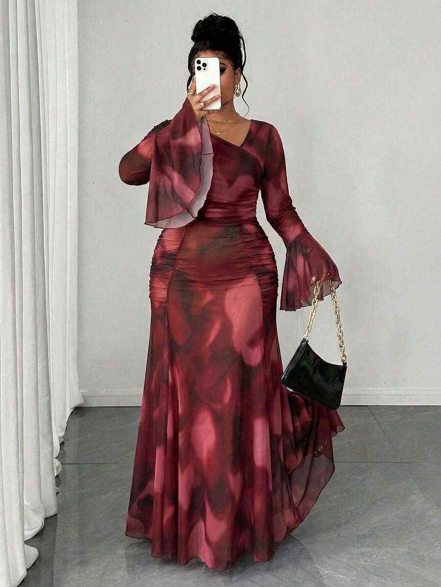 Maweii 大码女士性感半透明超长数码开衩褶裥斜肩长袖连衣裙，春/秋/冬 - 彩色 - 查看 1