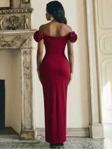 Playroots 女士优雅连衣裙，派对礼服，3D立体花卉露肩修身连衣裙 - 紅色 - 查看 6