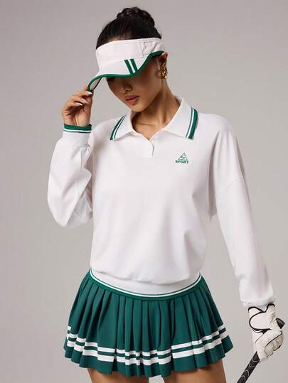 CourtClass Casual Versatile Contrast Button Long Sleeve POLO Collar Golf Shirt With Green Letter Print