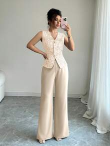 Rafferiza 优雅蓝色女士两件套，金色箔片3D印花金属扣装饰无袖背心和长裤，日常穿着两件套，夏季优雅裤装，女士优雅商务套装两件套，女士优雅背心裤装套装 - 杏色 - 查看 5