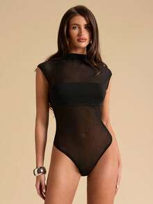 SHEIN BAE 黑色无袖性感透视网纱拼接不对称连体衣，黑色性感透视连体衣 - 黑色 - 查看 7