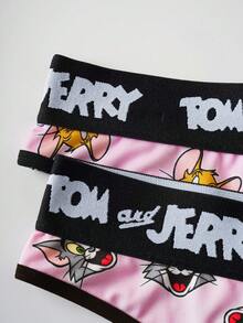 TOM & JERRY X SHEIN 2条装女士趣味卡通印花撞色字母腰带丁字裤 - 粉色 - 查看 7