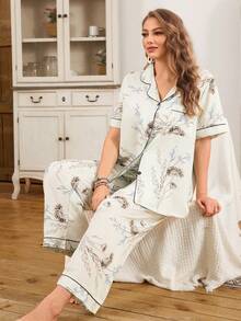 Serenescape Plus Size Plant Print Bubble Chiffon Collar Trim Pocket Design Pajama Set - Multicolor - View 7