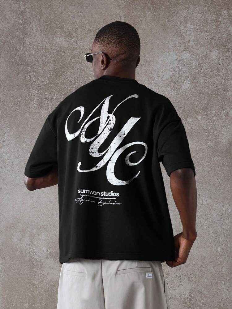 Regular Men's Dark Green Oversized T-Shirt With Back Logo Print Casual Tee Short Sleeve Summer Streetwear