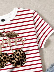 SHEIN EZwear 休闲简约豹纹樱桃印花圆领宽松女式T恤 - 彩色 - 查看 3