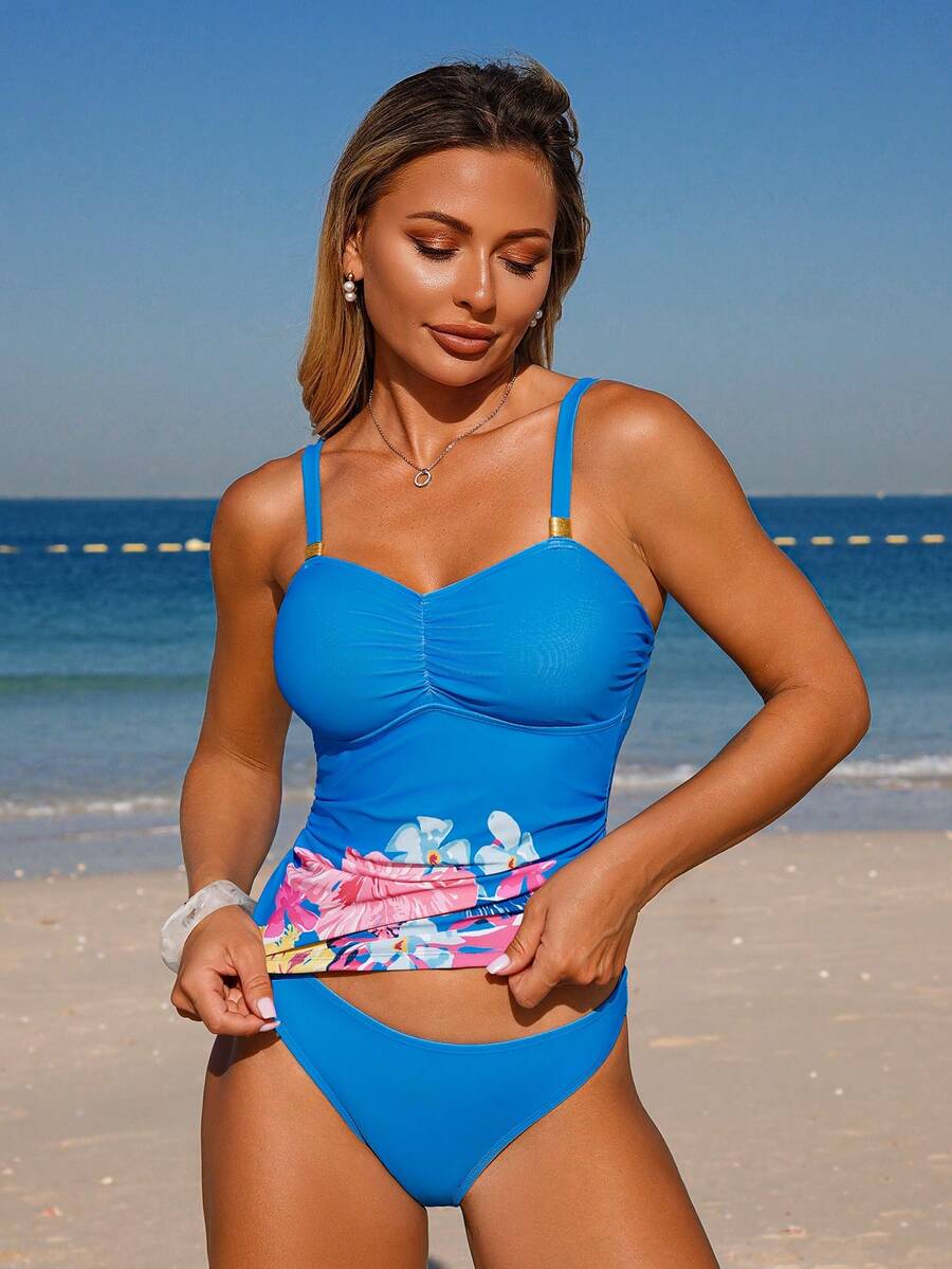 Swim Lushoire Women's Tropical Floral Print Front Hem Camisole Tank Top - Blue - View 1