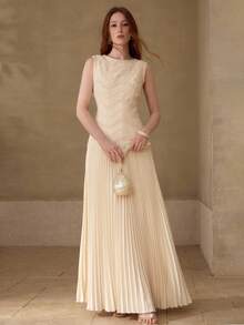 MOTF PREMIUM VESTIDO PLISADO DE MUJER SIN MANGAS CON BORDADO Y PATCHWORK EN FORMA DE A, PRIMAVERA/VERANO - Albaricoque - Ver 6
