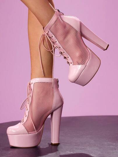 CUCCOO LuxiPop Women's Outdoor Round Toe Thick High Heel Waterproof Platform Mesh & PU Fabric Lace-Up Design Fashion Comfortable Daily, Party, Nightclub, Banquet Zipper Sandal Boots