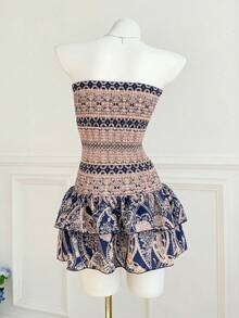 Elamini Women's Floral Print Ruffle Hem Strapless Mini Dress, Vacation Style - Navy Blue - View 2