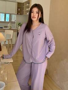 Dazy Plus 2pcs/Set Solid Color Cartoon Print Loose Long Sleeve Top And Long Pants Pajama Set, Purple Plus Size Women Spring/Autumn - Purple - View 6