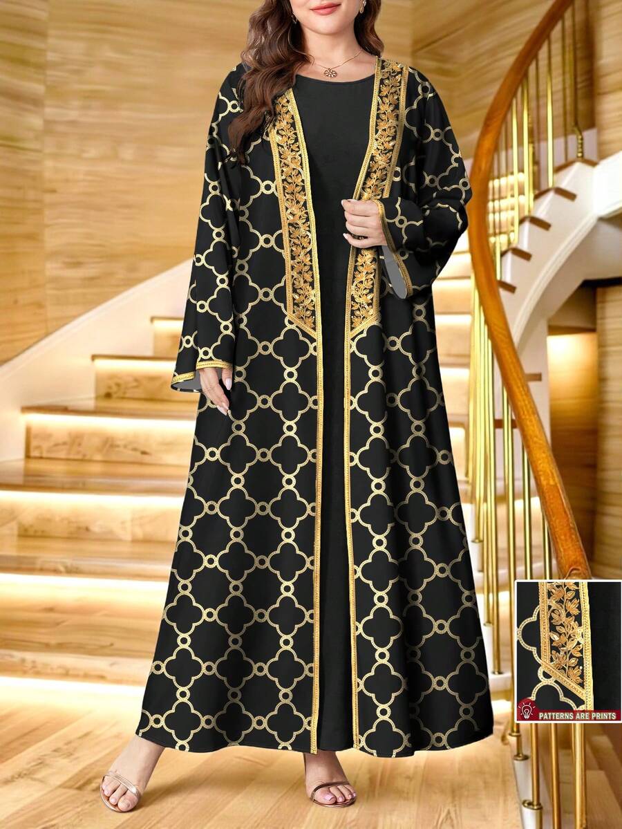 SHEIN Najma Áo khoác cardigan dài tay dáng rộng kiểu Abaya dành cho nữ cỡ lớn, họa tiết cỏ bốn lá và hoa văn cổ điển, thích hợp cho mùa xuân/thu. - Nhiều màu - Xem 1